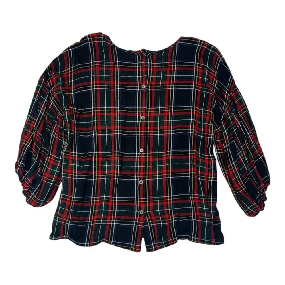 Loft size small red Plaid puff sleeve shirt button back holiday